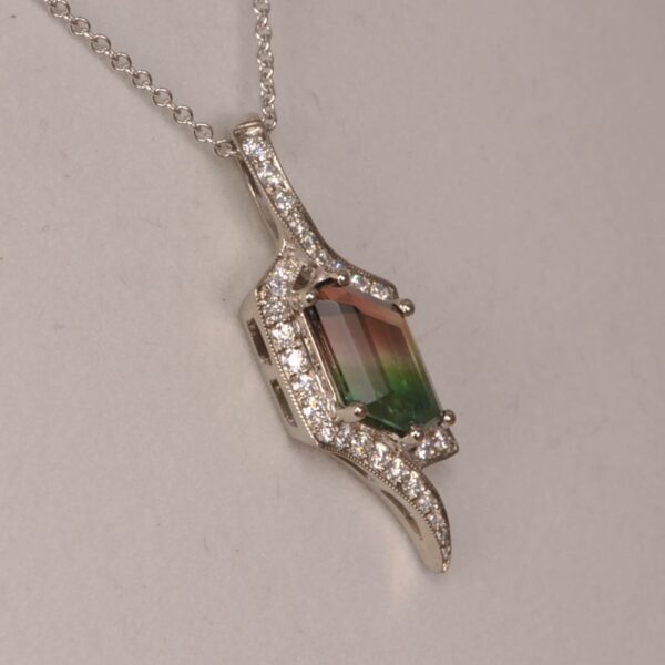 Bi-color tourmaline and diamond pendant, bi color, Cajuel deco style, MINT