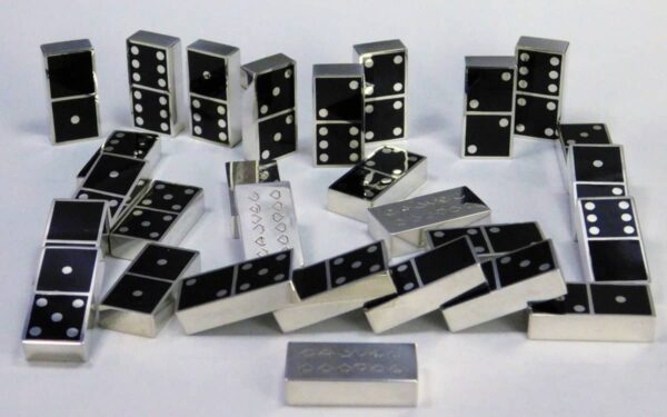 Solid Sterling Silver full Domino set, 28 pieces, solid with enamel