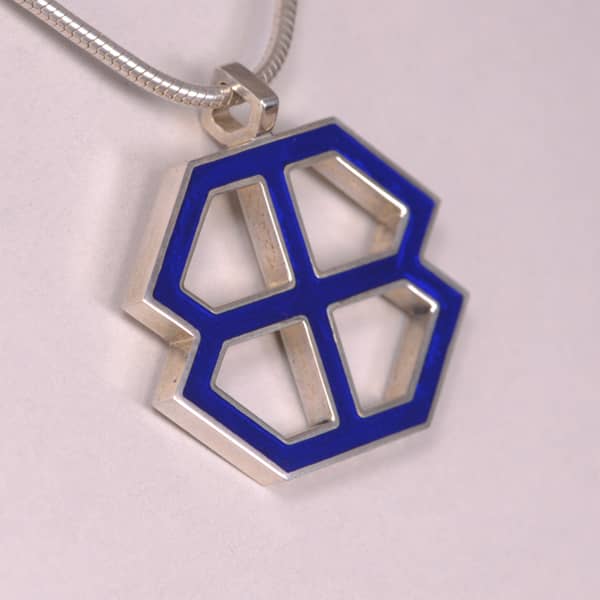 Sterling silver abstract enamel pendant with chain, geometric cobalt blue