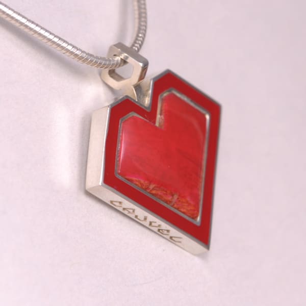 Red coral and enamel modern heart pendant and chain