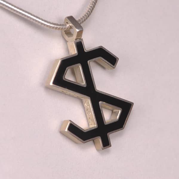 Enameled Sterling Silver Dollar Sign Pendant, Cajuel geometric design