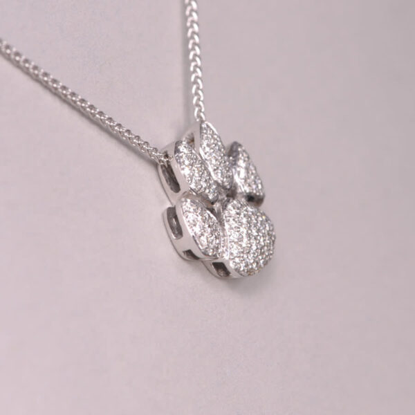 14k white gold diamond cat paw / cub paw pendant with chain