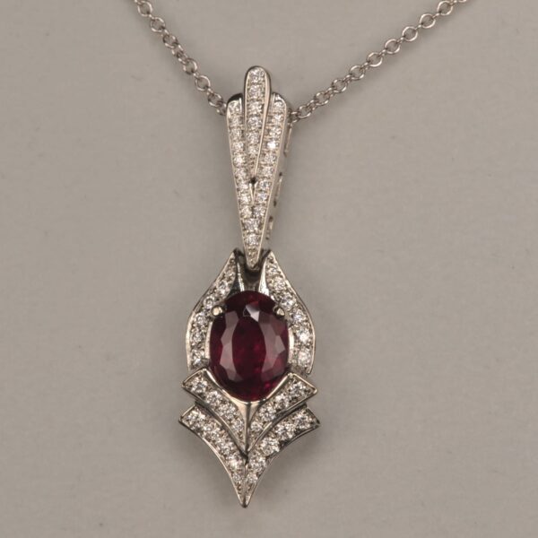 Rubelite (red) tourmaline and diamond pendant, Cajuel deco style