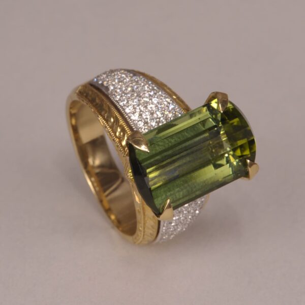 Green tourmaline and diamond ring, special cut