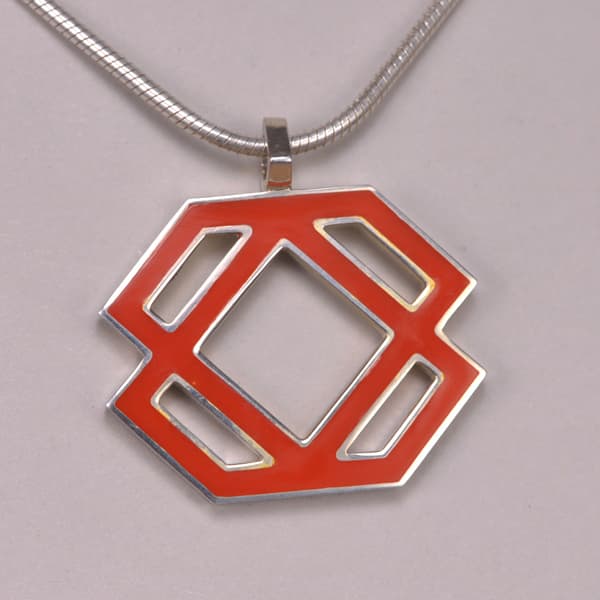 Silver abstract enamel pendant with chain, mandarin orange enamel