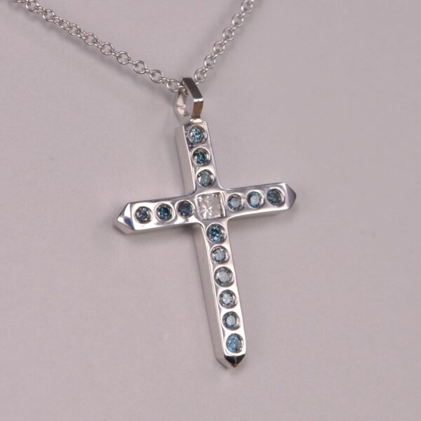 14k blue and white diamond crucifix, cross, modern