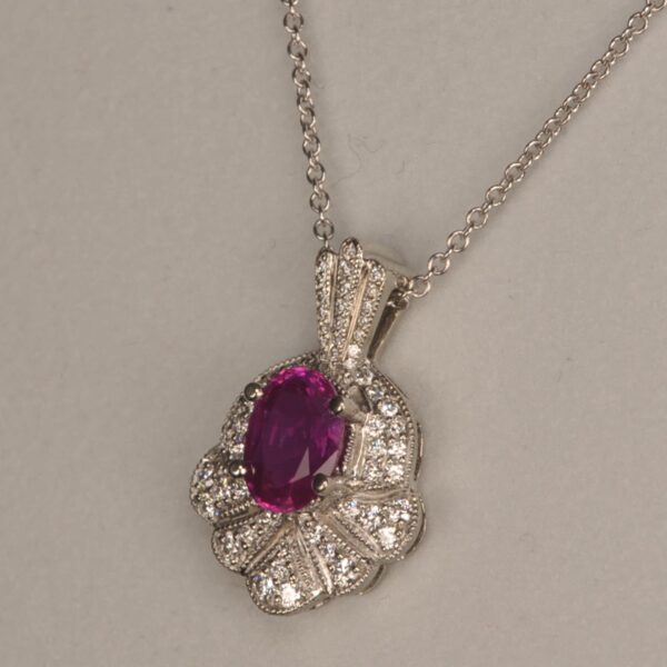 Hot pink sapphire and diamond pendant with chain, vibrant and brilliant