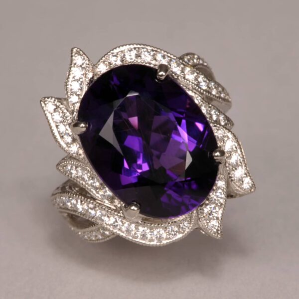 Highest quality amethyst and diamond ring, large handmade ring, new