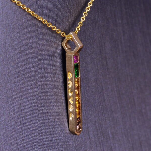 Diamond and fancy gemstone "pencil" pendant, with chain, NEW