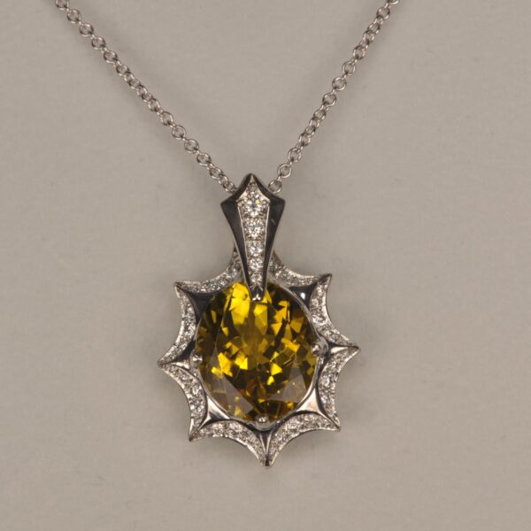 Yellow sapphire and diamond pendant with chain, bright sunshine color, new