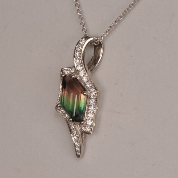 Bi-color tourmaline and diamond pendant, bi color, Cajuel deco style, MINT