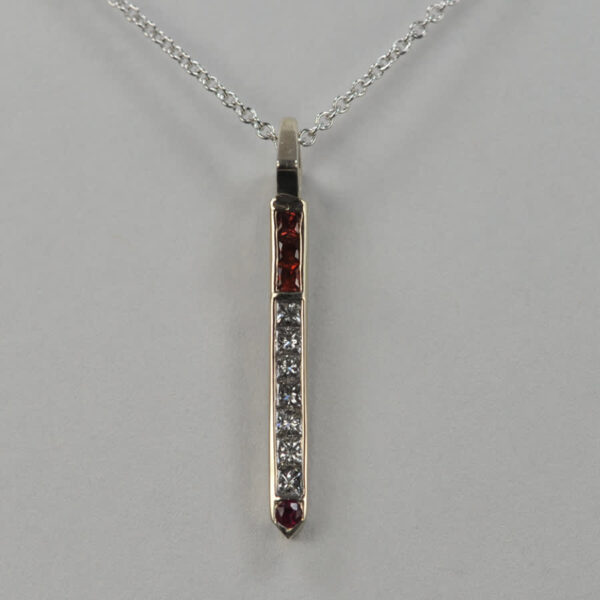 14k diamond and ruby and orange sapphire cigarette pendant with chain