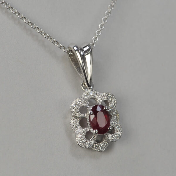 14k white gold fine ruby and diamond pendant with chain