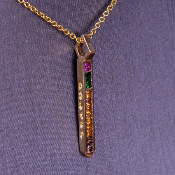 Diamond and fancy gemstone "pencil" pendant, with chain, NEW