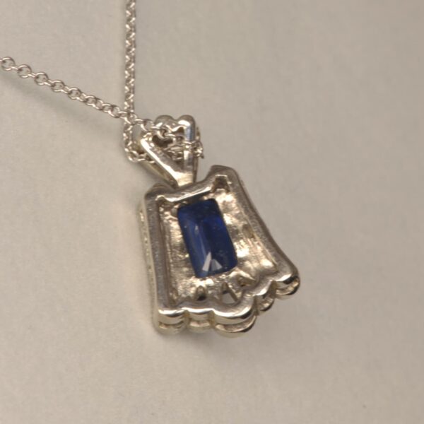 Midnight blue sapphire and diamond pendant, Cajuel deco style, mint