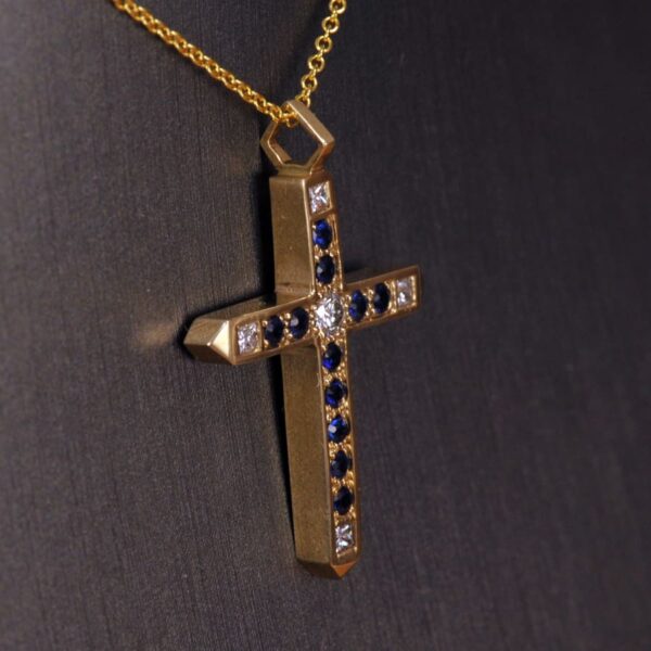 Sapphire and diamond cross, crucifix, authentic Cajuel, very fine, new