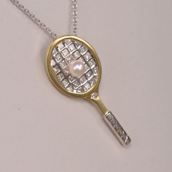 Gold an diamond tennis racket raquet pendant with pearl