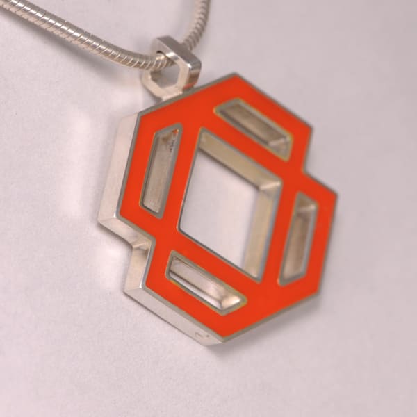 Silver abstract enamel pendant with chain, mandarin orange enamel