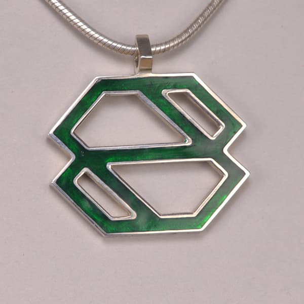 Silver abstract enameled pendant with chain, blue, black or green