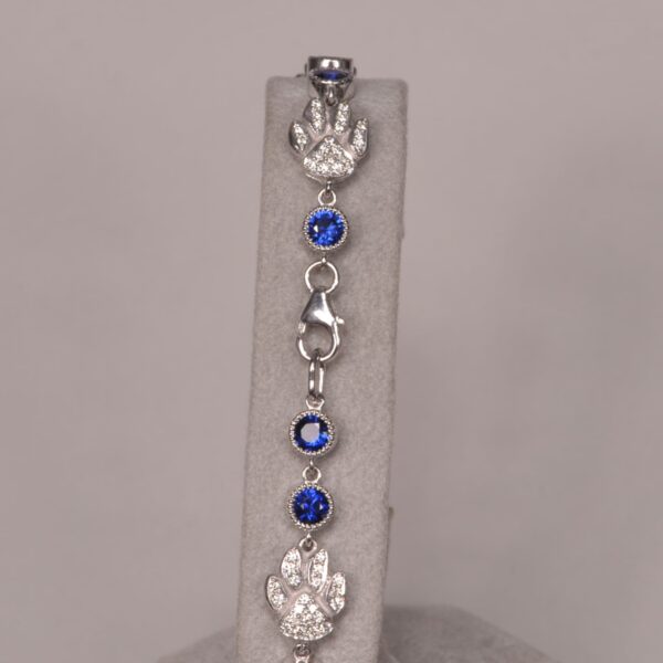 14K white gold diamond and sapphire cat paw bracelet