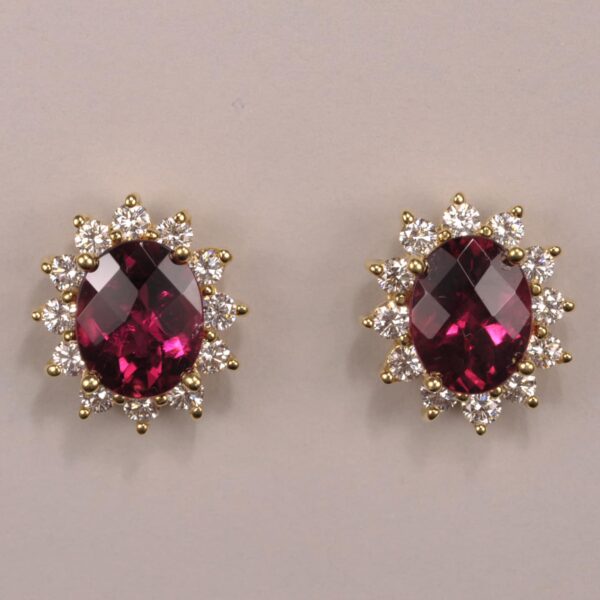 Rubelite tourmaline diamond earrings, special pineapple cut tourmalines