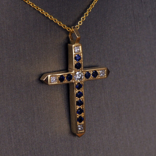 Sapphire and diamond cross, crucifix, authentic Cajuel, very fine, new