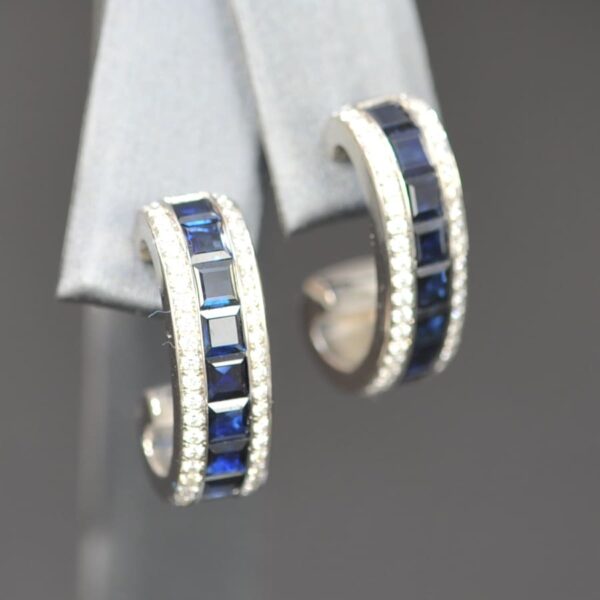 14k white gold blue sapphire and diamond dangle earrings with posts