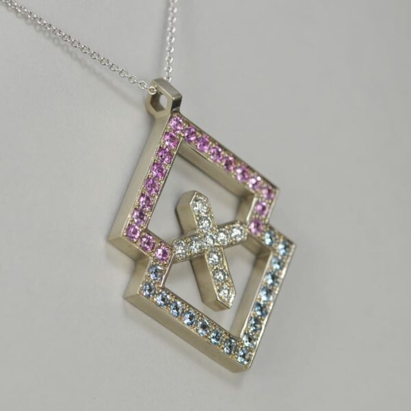 Diamond and gemstone geometric abstract pendant solid gold with chain