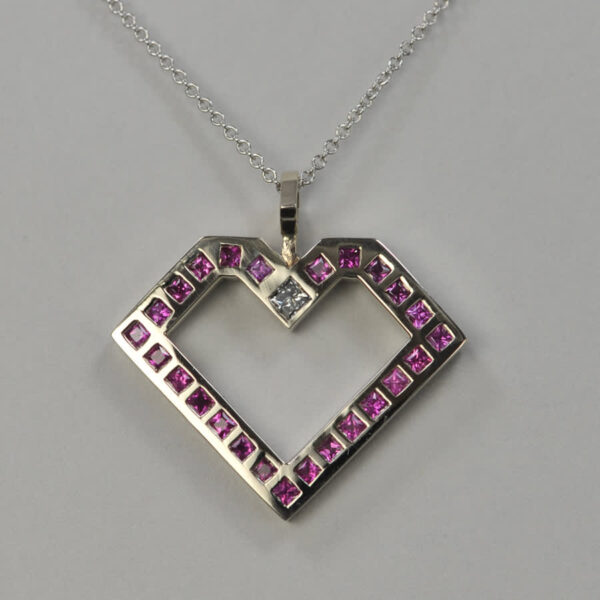 14k white gold pink sapphire and diamond geometric heart pendant w/ chain