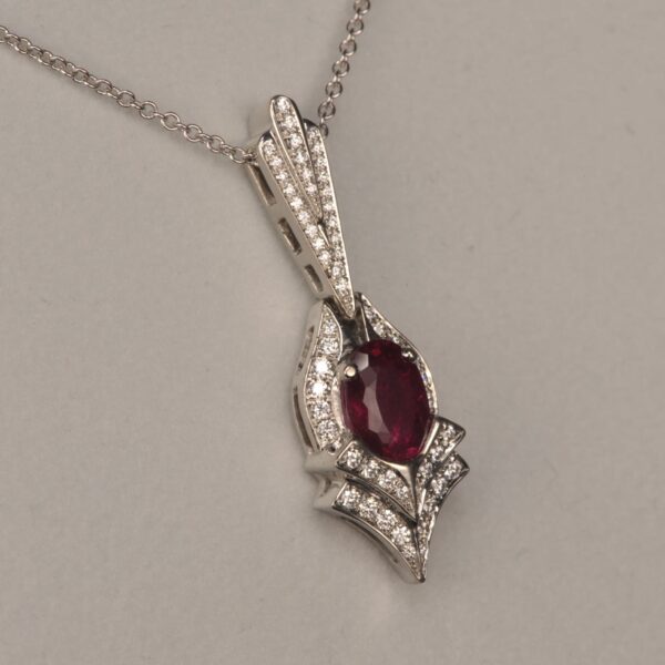 Rubelite (red) tourmaline and diamond pendant, Cajuel deco style