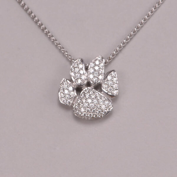 14k white gold diamond cat paw / cub paw pendant with chain