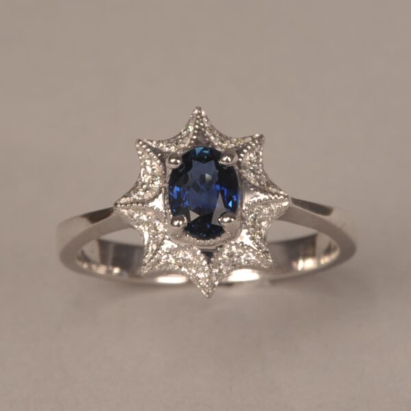 Blue sapphire and diamond ring, handmade, brand new