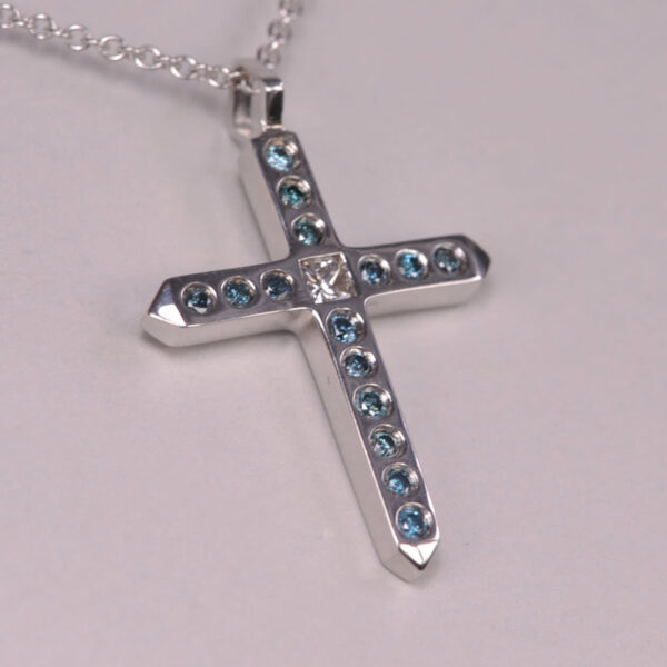 14k blue and white diamond crucifix, cross, modern