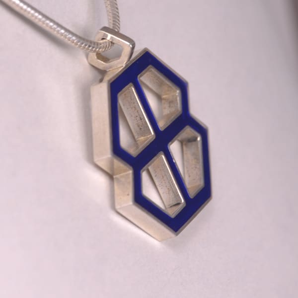 Sterling silver abstract enamel pendant with chain, geometric cobalt blue