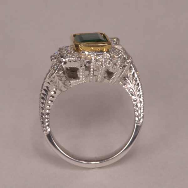 Emerald and diamond ring, two tone gold, roaring 20's design