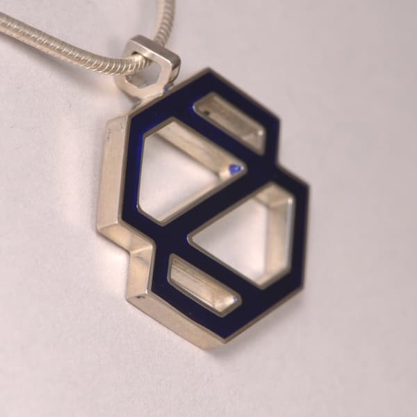 Silver abstract enameled pendant with chain, blue, black or green