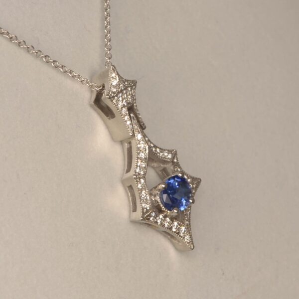 Fine blue sapphire and diamond pendant, handmade in the USA, Brand new