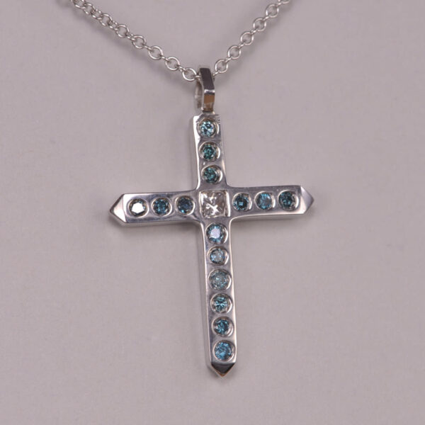 14k blue and white diamond crucifix, cross, modern