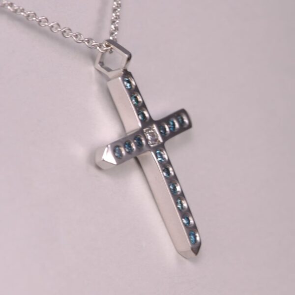 14k blue and white diamond crucifix, cross, modern