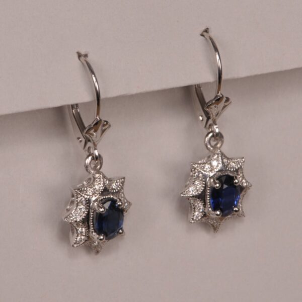 Blue sapphire and diamond earrings, dangle with movement