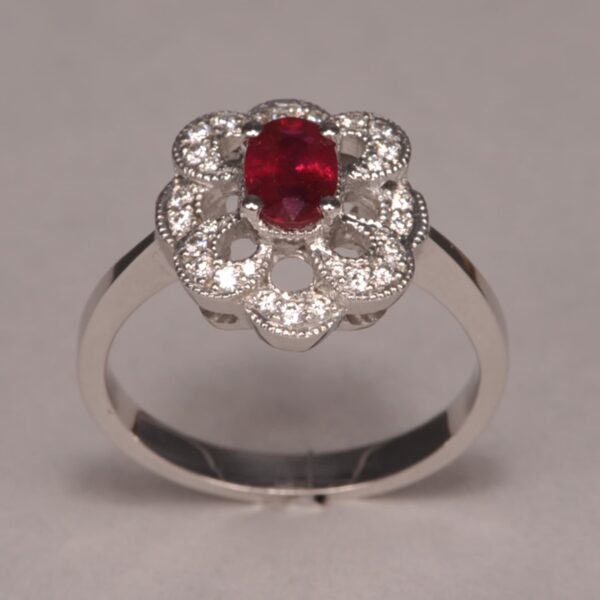 Very Fine ruby and diamond ring, flower motif, handmade