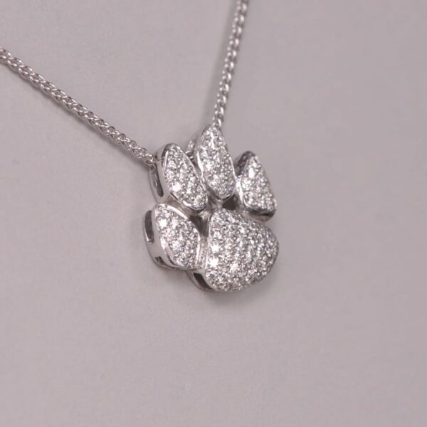 14k white gold diamond cat paw / cub paw pendant with chain