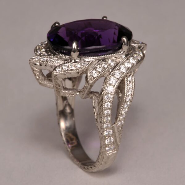 Highest quality amethyst and diamond ring, large handmade ring, new