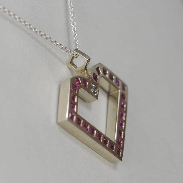 14k white gold pink sapphire and diamond geometric heart pendant w/ chain