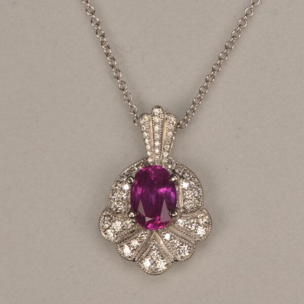 Hot pink sapphire and diamond pendant with chain, vibrant and brilliant