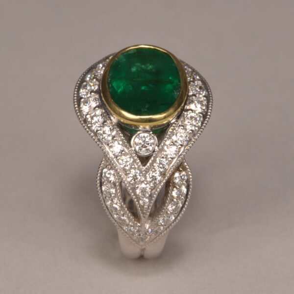 Emerald and diamond ring, stunning two tone gold design