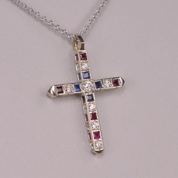 14K USA red, white and blue crucifix, diamond, sapphire and ruby