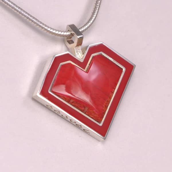 Red coral and enamel modern heart pendant and chain