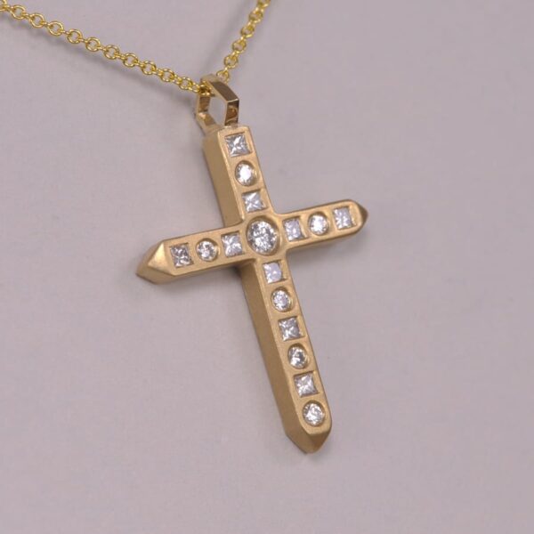 cool diamond cross, unique sandblast finish with gold chain