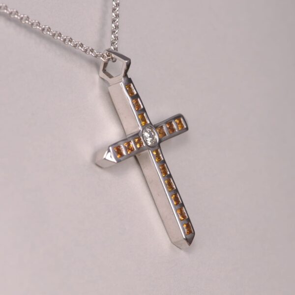 14K white gold yellow sapphire and diamond cross, crucifix, modern